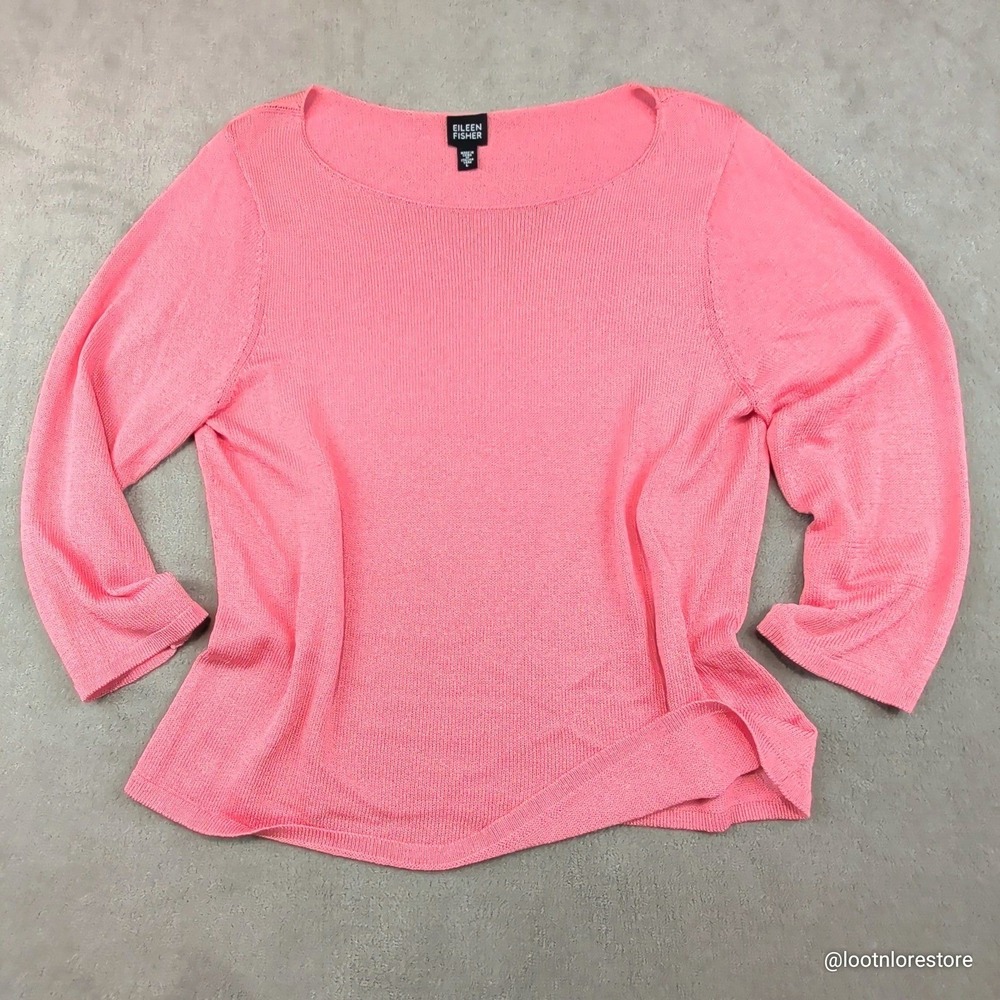 Eileen Fisher Bright Pink Cotton Nylon Knit Sweater Large Boat Neck Italian Yarn